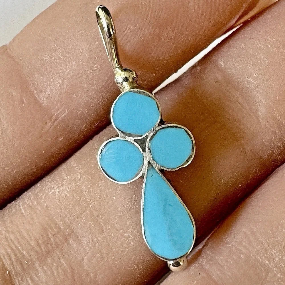 Zuni Turquoise Cross Pendant 1in Sterling Signed Othole Religious Native Sm‎